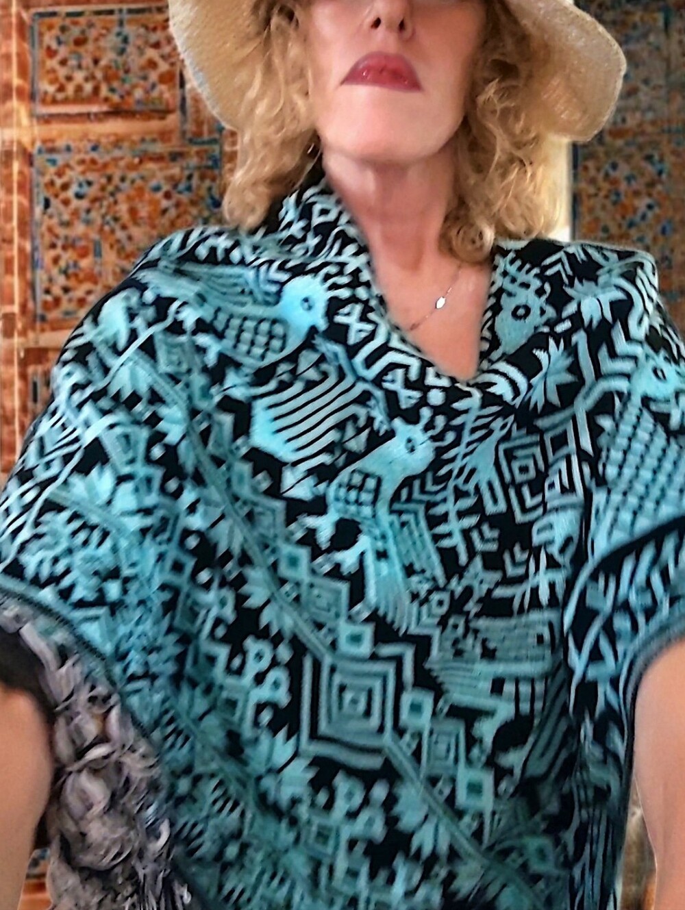 Vintage Artesanias San Martin Teal Black Geometric Fringe Poncho Southwestern